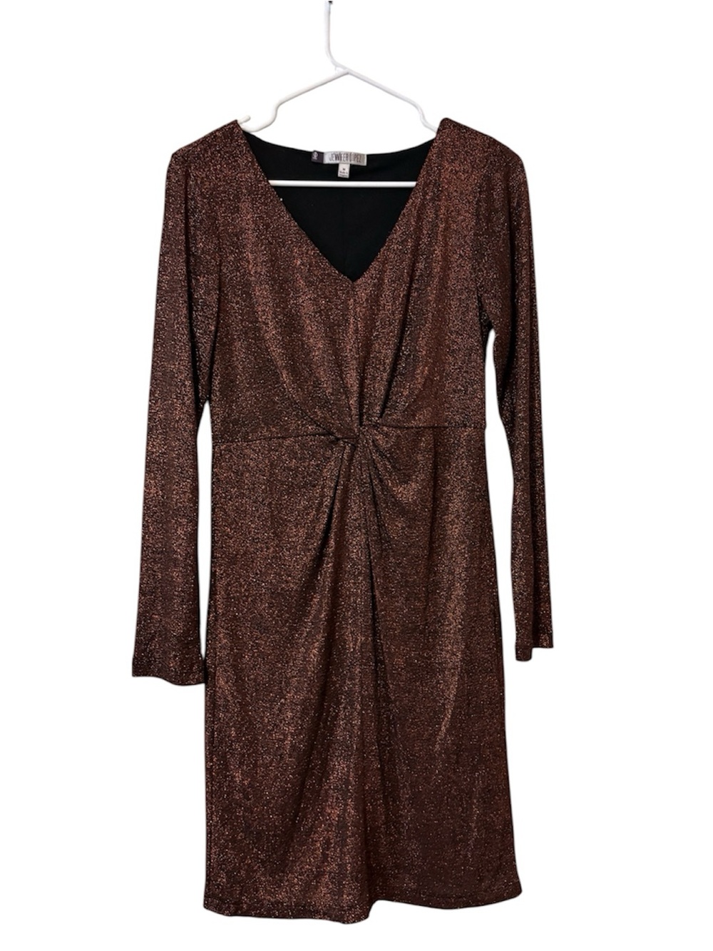 Jennifer Lopez Metallic Brown Long-Sleeve V-Neck Twist Dress